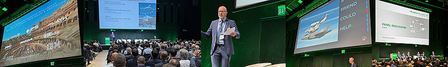Andreas Schwolen-Backes bei der AOC Europe in Rom 2025 während seines Vortrags und der anschließenden Podiumsdiskussion.