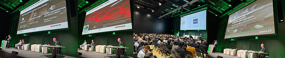 Vortrag eines Referenten von Hensoldt und einem Experten von MBDA präsentiert innovative Verteidigungslösungen bei der AOC Europe 2025 in Rom vor Fachpublikum.
