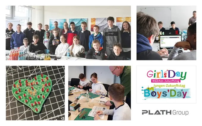 A group of girls and boys taking part in PLATH Girls' and Boys' Day 2024 in Hamburg stand together and smile at the camera. They are wearing casual clothes and holding information material and flyers in their hands.